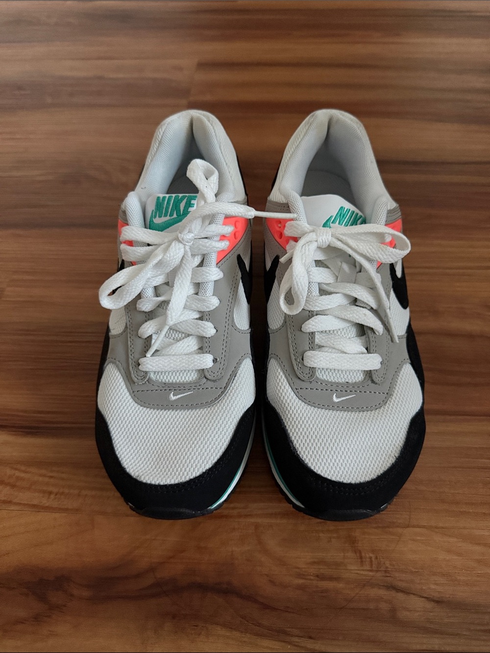 Nike Air White Gray Black Sneakers with Teal and Coral Accents